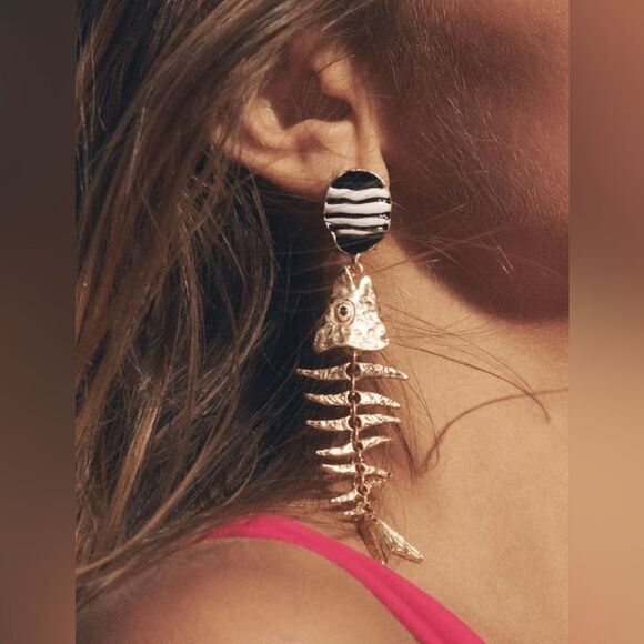 Gold Fishbone Dangle Earrings #1610 - Picture 1 of 4